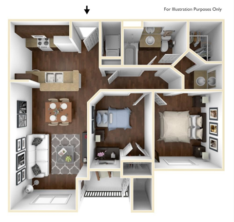 Floor plan for 2 beds, 2 baths, 989 sqft